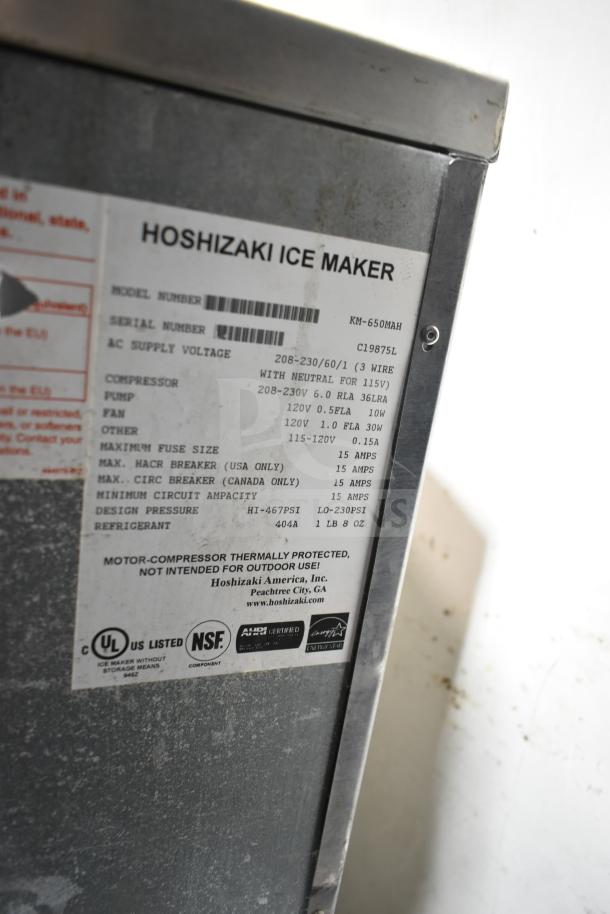 Hoshizaki KM-650MAH Ice Machine Head, 208-230V, 1 Phase, with NSF and UL certifications, serial C19875L.