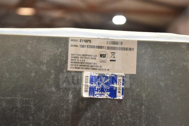 2019 Ice-O-Matic B110PS reinforced ice storage bin, 854 lb capacity, model label shown, NSF certified, made in USA.