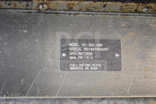 Vulcan 36S-6BN commercial gas range label showing model, serial number 481906267, natural gas, pressure 5.0.