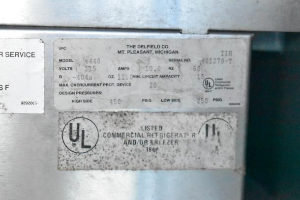 Delfield 4448 Commercial Undercounter Cooler label showing 115 volts, model, and UL certification.