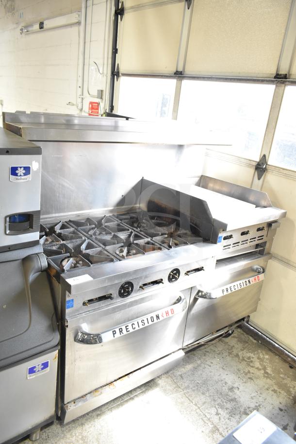 Alt text: Precision RGR60-GS24-P commercial range with 6 burners, flat top griddle, 2 ovens, over shelf, backsplash, casters. 278,000 BTU.