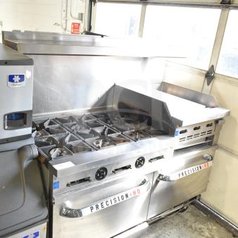 Alt text: Precision RGR60-GS24-P commercial range with 6 burners, flat top griddle, 2 ovens, over shelf, backsplash, casters. 278,000 BTU.