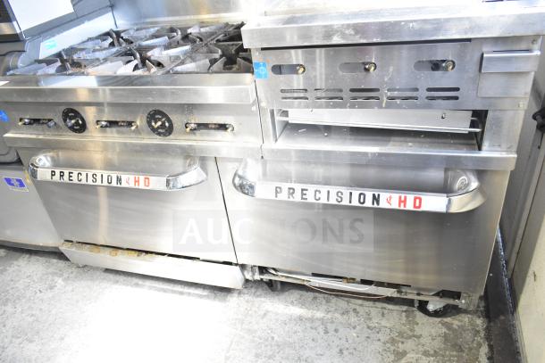 Precision RGR60-GS24-P commercial gas range with 6 burners, griddle, 2 ovens, overshelf, backsplash, and casters. 278,000 BTU.