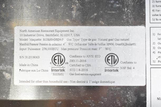 Label on Precision RGR60-GS24-P, 6-burner range, states gas type, pressure, power, and certification details.