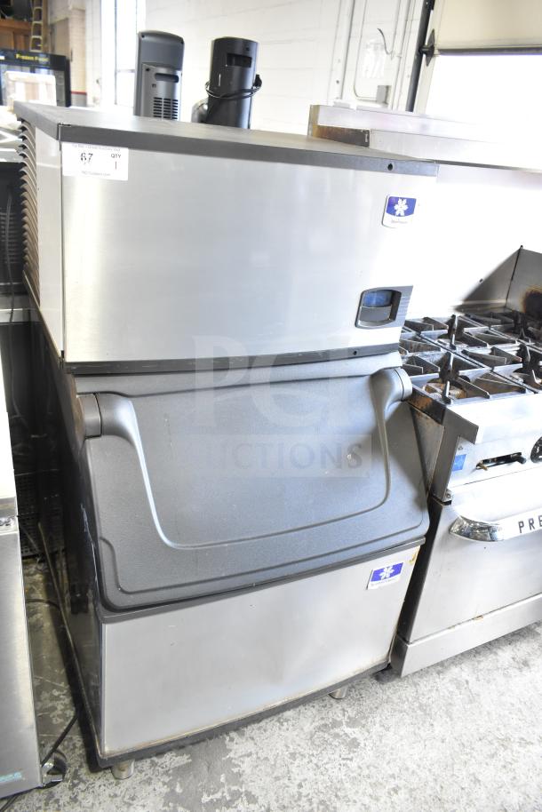 Manitowoc ID0303W-161D commercial ice head on bin, 115V, 1-phase, stainless steel, clean condition, logo visible.