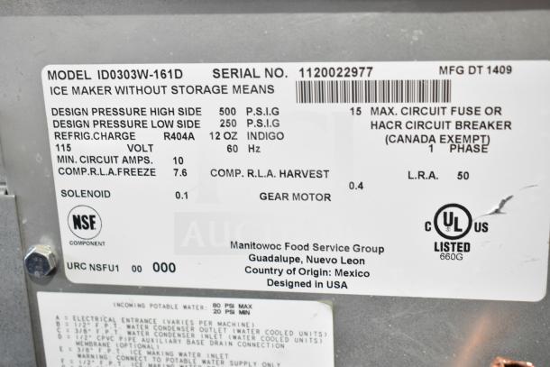 Manitowoc ID0303W-161D commercial ice head and bin, 115 volts, 1 phase. Label shows design pressures, refrigerant charge, and certifications.