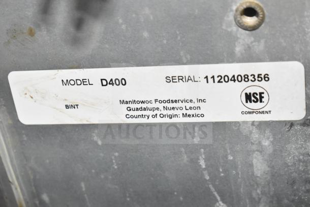 Manitowoc D400 ice bin label showing serial number 1120408356, NSF component, made in Mexico.