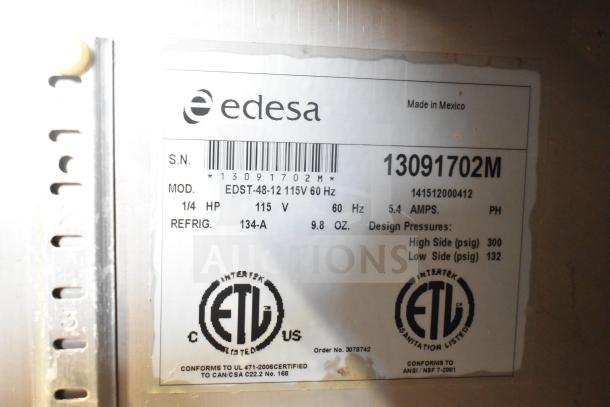 Edesa EDST-48-12 prep table label showing model, voltage, ETL certifications, and design pressure details.