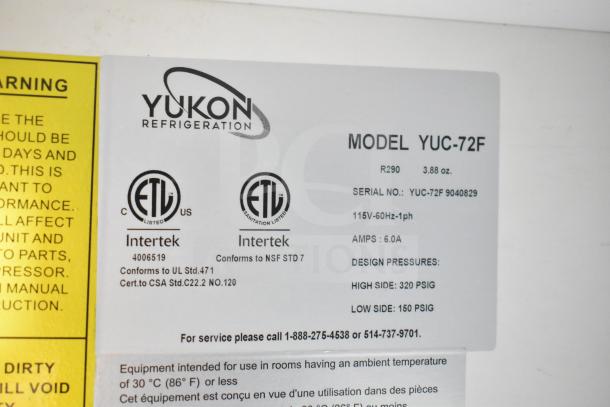 Yukon YUC-72F Commercial 3 Door Undercounter Freezer. Model and serial details visible. 115V, 1 Phase.