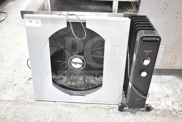 Air King 9166G fan and MainStays WSH07O2ABB heater, shown together. Both in good condition with visible control panels.