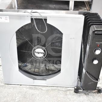 Air King 9166G fan and MainStays WSH07O2ABB heater, shown together. Both in good condition with visible control panels.
