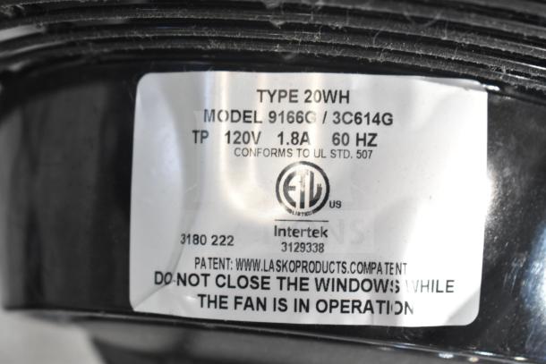 Air King 9166G fan label showing model, 120V, 1.8A, 60Hz specs. Conforms to UL Std. 507. Intertek listed.