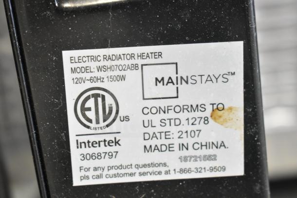 MainStays WSH07O2ABB Electric Radiator Heater label showing model, 1500W power, and ETL certification.