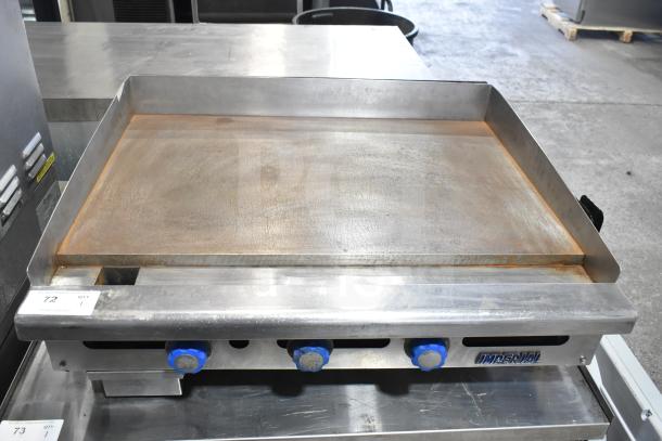 Imperial Commercial Gas Flat Top Griddle, countertop model with three blue knobs, stainless steel, used condition.