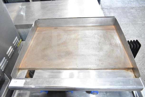 Imperial Commercial Gas Griddle, countertop model, stainless steel, used condition, prominent flat top cooking surface.