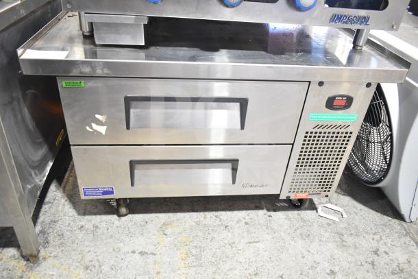 Turbo Air TCBE-36SDR-E-N6 chef base with 2 drawers, stainless steel, on casters. 115V, 1 Phase, commercial use.