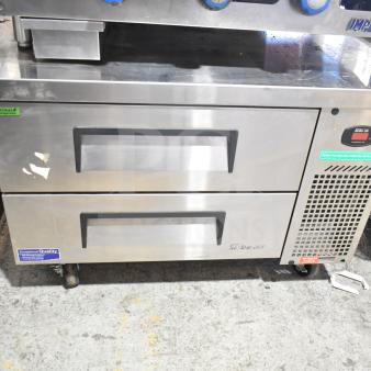 Turbo Air TCBE-36SDR-E-N6 chef base with 2 drawers, stainless steel, on casters. 115V, 1 Phase, commercial use.