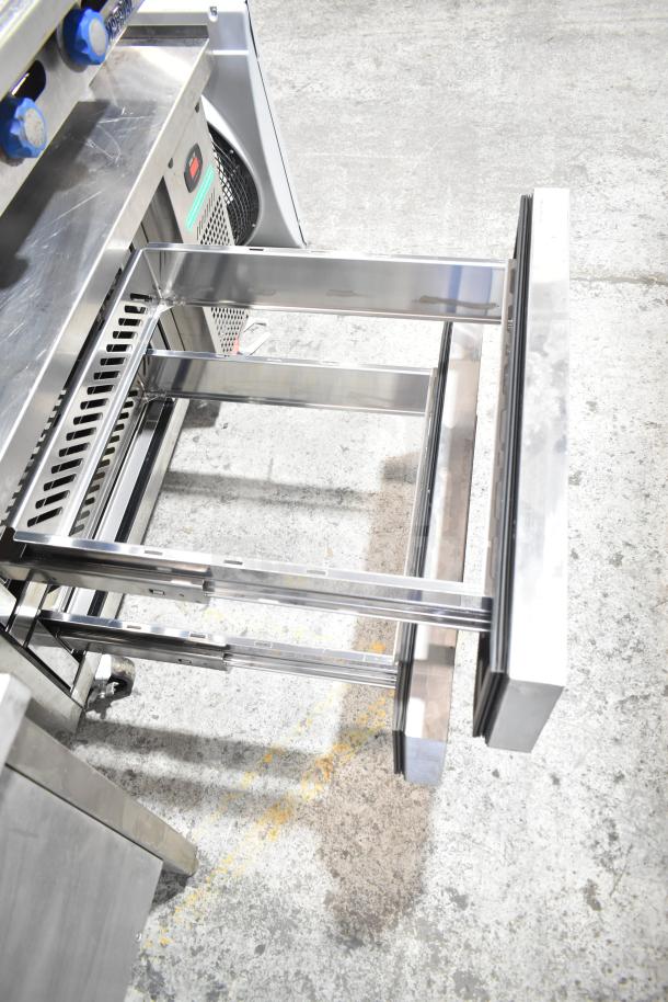 Turbo Air TCBE-36SDR-E-N6 chef base with 2 drawers, commercial casters, stainless steel, 115V, 1 phase, excellent condition.
