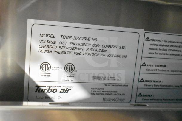 Turbo Air TCBE-36SDR-E-N6 commercial chef base label detailing model, voltage, frequency, and refrigerant specs.