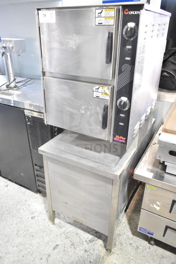 Groen HY 6E commercial electric 2-deck steam cabinet, 208V, 3-phase. Stainless steel, visible caution labels, clean condition.