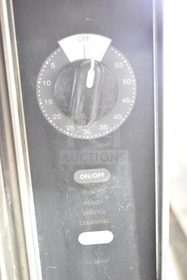 Groen HY 6E commercial steam cabinet control panel with timer, on/off button, and cleaning indicators.