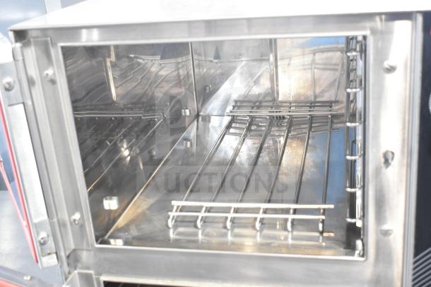Groen HY 6E commercial electric steam cabinet, 2 decks, interior view, stainless steel, 208V, 3-phase, excellent condition.