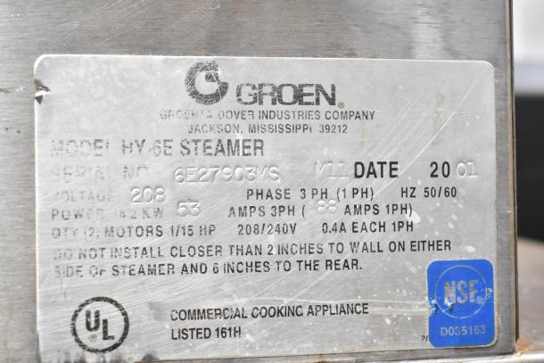 Groen HY 6E steam cabinet label showing specifications: 208V, 3-phase, serial no. 6E27903MS, UL listed, NSF certified.