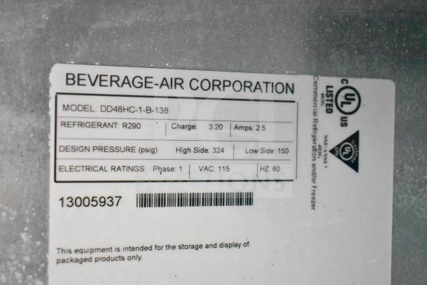 Beverage Air DD48HC-1-B-138 kegerator label showing model, refrigerant R290, 115 volts, 1 phase, UL listed.