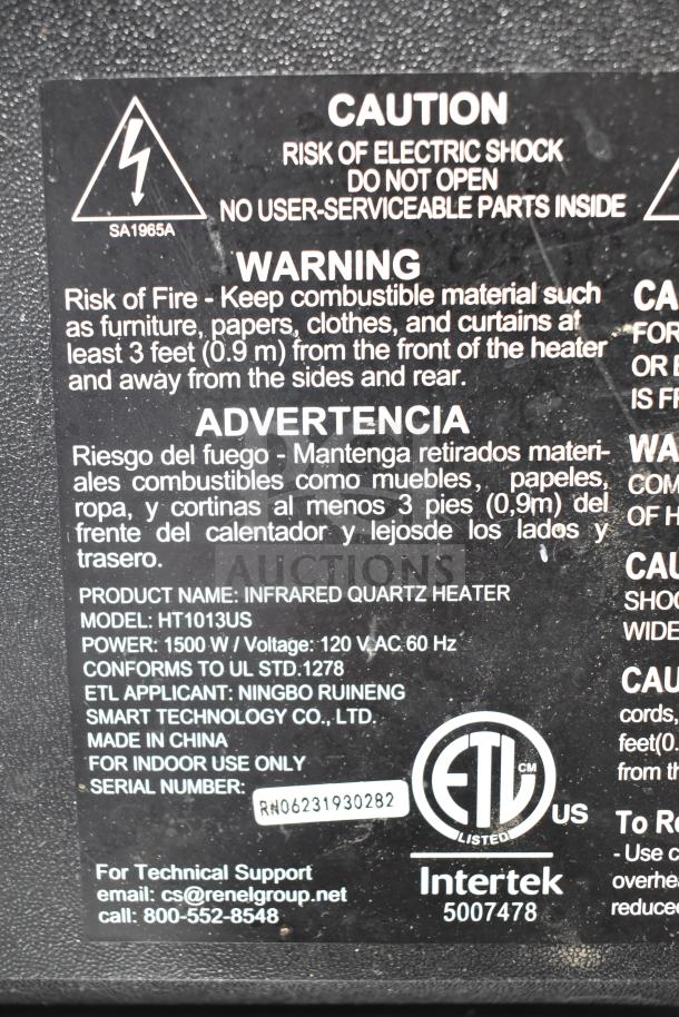 LifeSmart HT1013US 1500W Quartz Infrared Space Heater label. Details: 120V, 1 Phase, indoor use, cautionary warnings.
