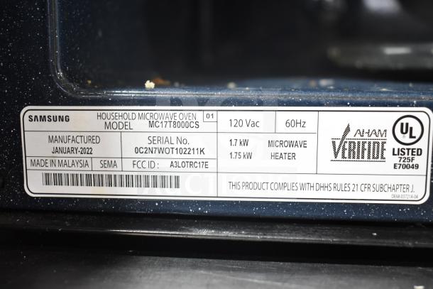 Samsung MC17T8000CS microwave oven label; 120V, 60Hz, made in Malaysia, manufactured Jan 2022, serial 0C2N7WOT102211K.
