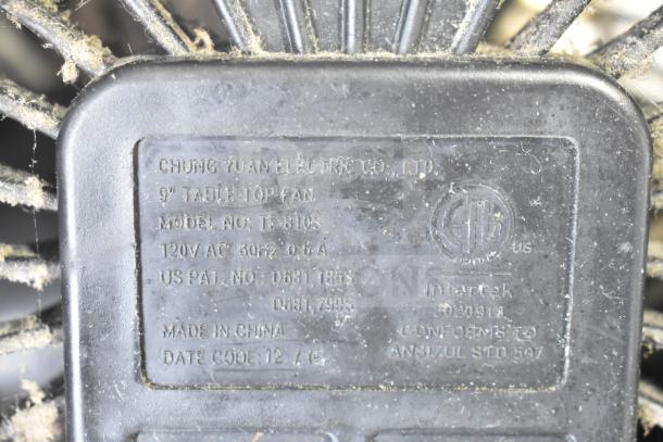 Dusty label of Chung Yuan Electric Co. TF-810S 9" tabletop fan, 120V, with model, patent, and compliance details.