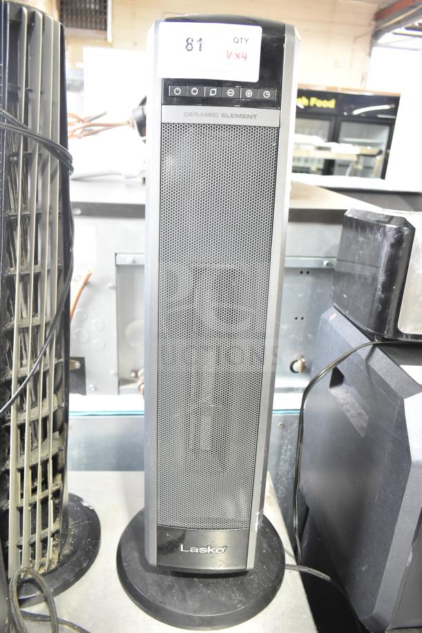 Four items including Chung Yuan TF-810S fan, Lasko CT30754 heater, Lasko 755320 heater, Vornado 143 fan. 120 volts. Quantity: 4X.