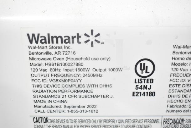 Hamilton Beach HB61B100027880 microwave label, 120V, 1600W input, 1000W output, UL listed, made in China, manufactured Sept 2022.