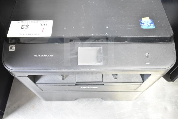 Brother HL-L2380DW scanner copier printer, compact design, visible wear, wifi enabled, model label on top, auction tag.