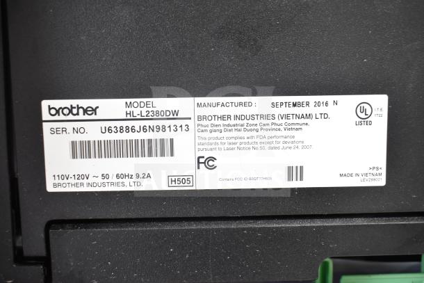 Brother HL-L2380DW printer label, manufactured September 2016, serial number U63886J6N981313, made in Vietnam.
