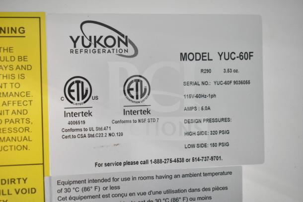 Yukon YUC-60F Commercial 2-Door Undercounter Freezer, 115V, 1 Phase. Visible label shows model, certification, and specifications.