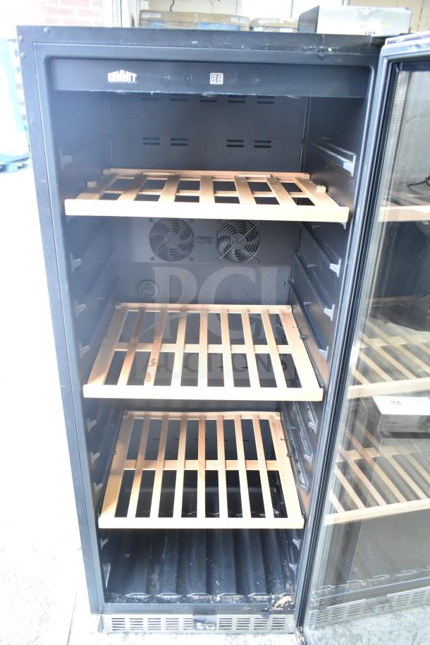 Summit SWC1102 wine cellar merchandiser, single-door, wooden shelves, fans for cooling, 115V, 1 phase, visible Summit logo.