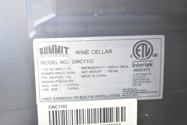 Summit SWC1102 Wine Cellar, 115V, 1 Phase, ETL listed, 150 lbs, made in China, model SWC1102 label visible.