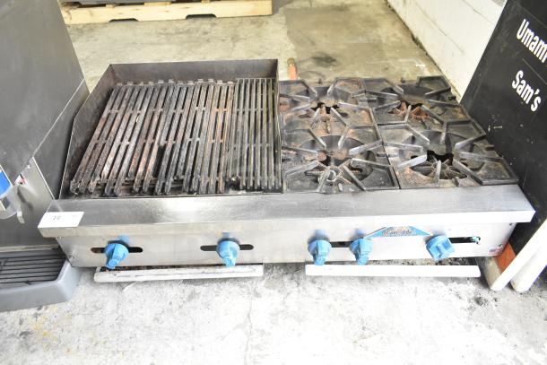 Prince Castle FHP48-2RB countertop gas charbroiler grill, 4 burner range, used condition, stainless steel with blue knobs.