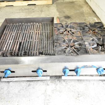 Prince Castle FHP48-2RB countertop gas charbroiler grill, 4 burner range, used condition, stainless steel with blue knobs.