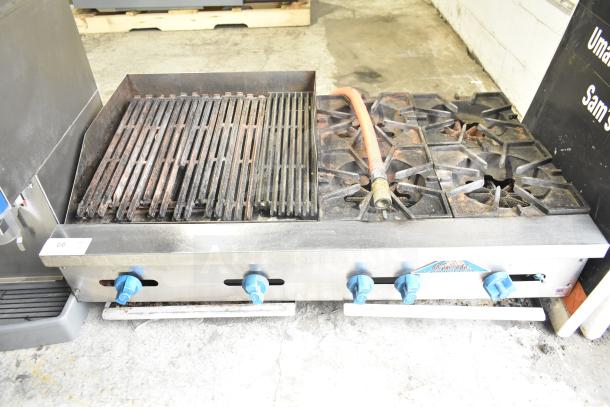 Prince Castle FHP48-2RB commercial charbroiler grill with 4-burner range, natural gas powered, stainless steel, used condition.
