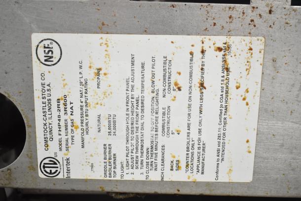 Prince Castle FHP48-2RB commercial charbroiler grill, 4 burners, natural gas, used, NSF and CSA certified label visible.