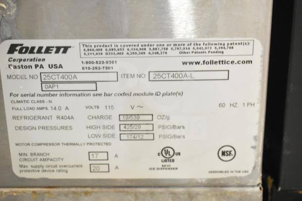 Follett 25CT400A Symphony commercial ice machine label showing model, voltage, and refrigerant details for potential buyers.