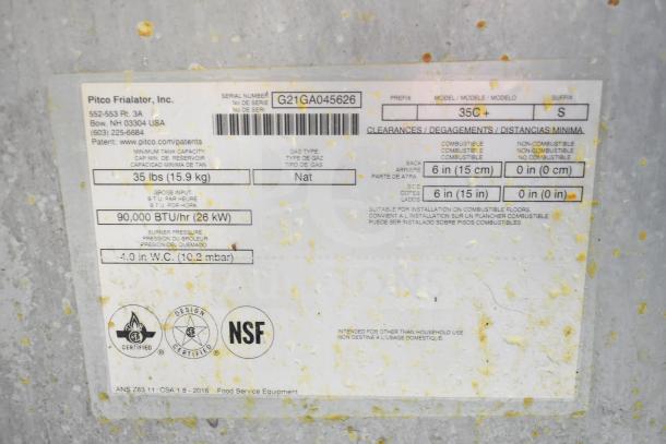 Pitco Frialator 35C deep fat fryer label showing 90,000 BTU, natural gas type, and certification marks.