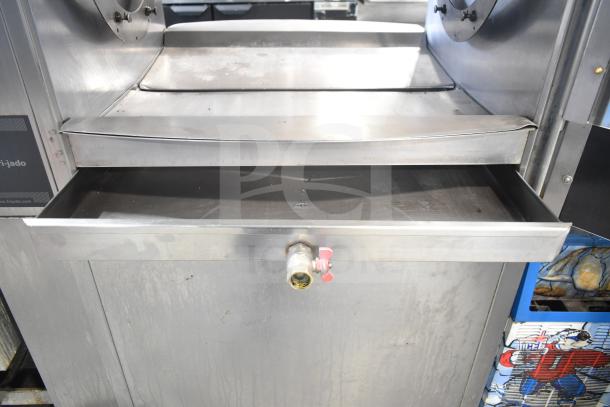 Fri-jado STG 7-P commercial electric rotisserie oven on casters, 208V, 3 Phase, stainless steel, visible drain tray.