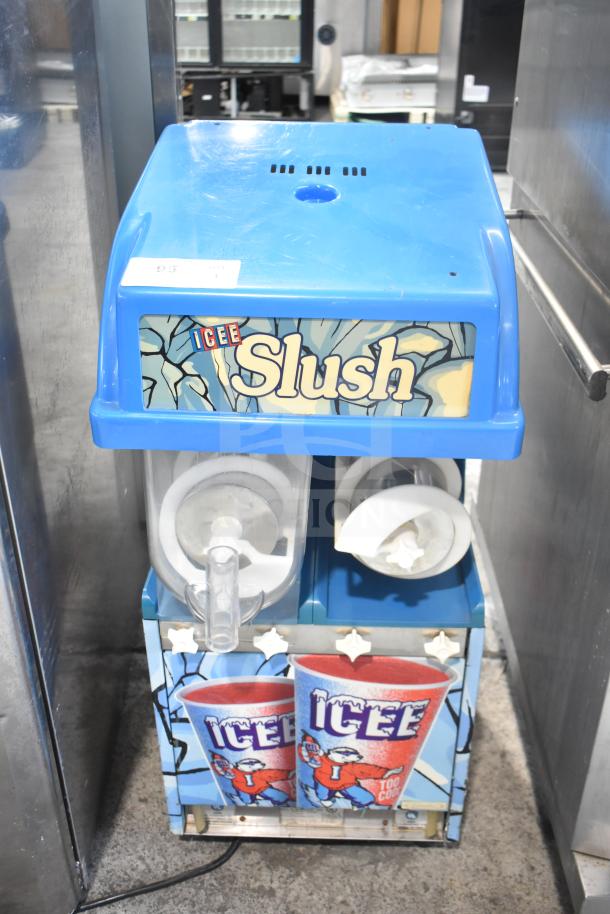 SPN IC2.1M commercial slushie machine, missing 1 hopper, 115V, 1 phase, blue exterior, "Icee" branding visible.