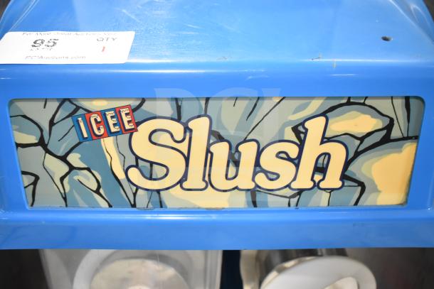 SPN IC2.1M commercial countertop slushie machine, missing one hopper, 115 volts, 1 phase, blue exterior with "Slush" label.