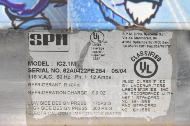 SPN IC2.1M Commercial Slushie Machine label; model IC2.1M, UL certified. Missing one hopper. 115V, 1 Phase.