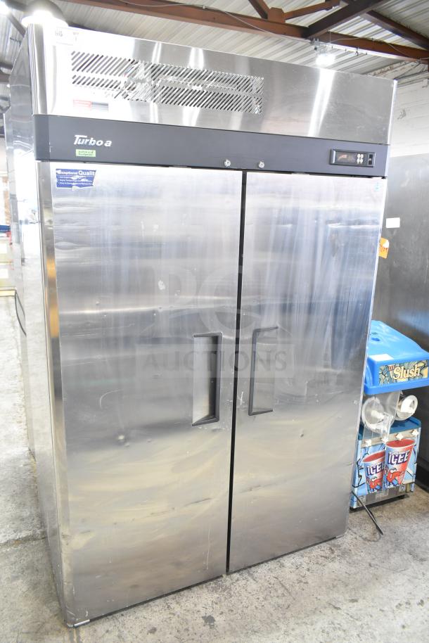 Turbo Air M3R47-2-N commercial 2-door cooler, stainless steel, used, 115 volts, 1 phase, visible scratches, clean condition.