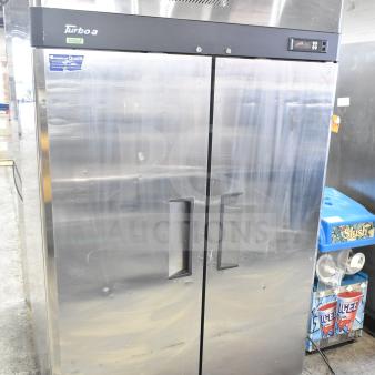 Turbo Air M3R47-2-N commercial 2-door cooler, stainless steel, used, 115 volts, 1 phase, visible scratches, clean condition.